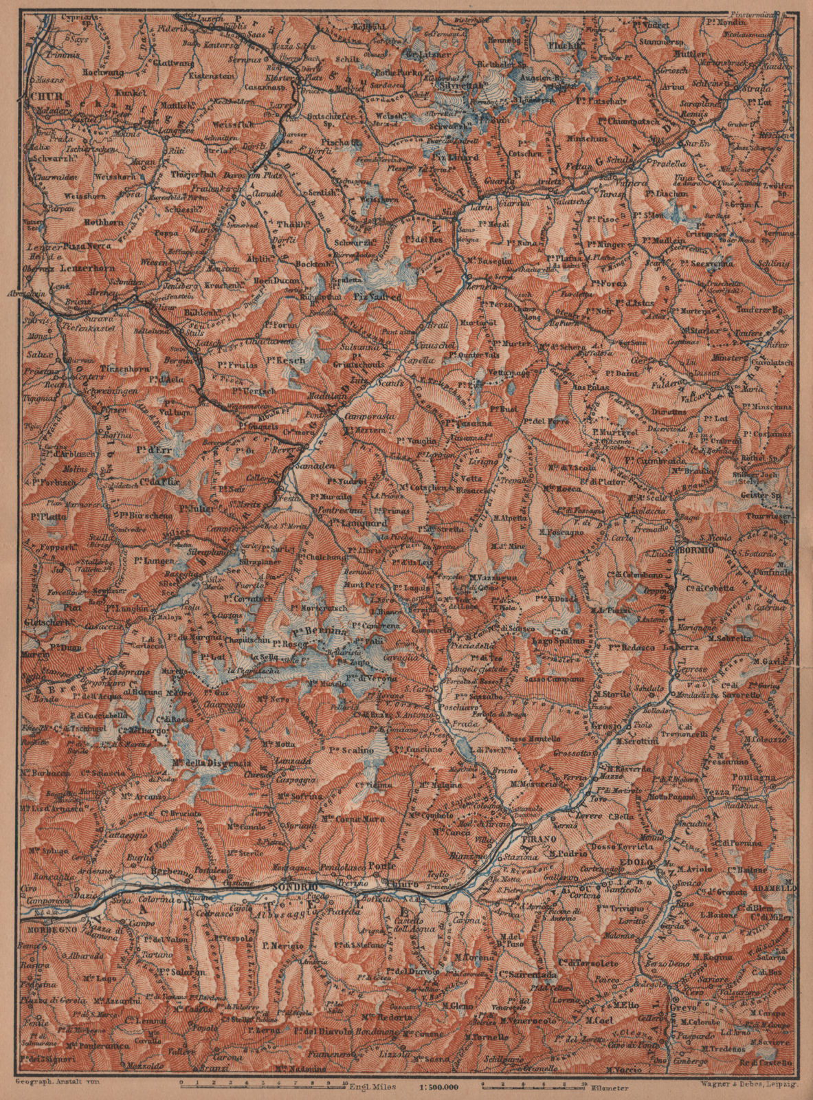 ENGADINE/VAL TELLINA. Davos Arosa Sils Bormio Livigno Sondrio Chur 1905 map